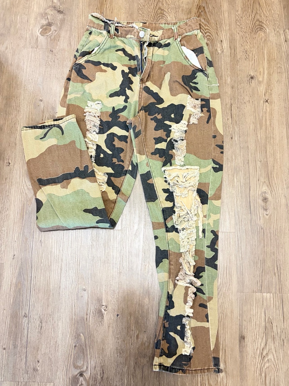 Juniors Camo Distressed Cargo Pants- Green Camo